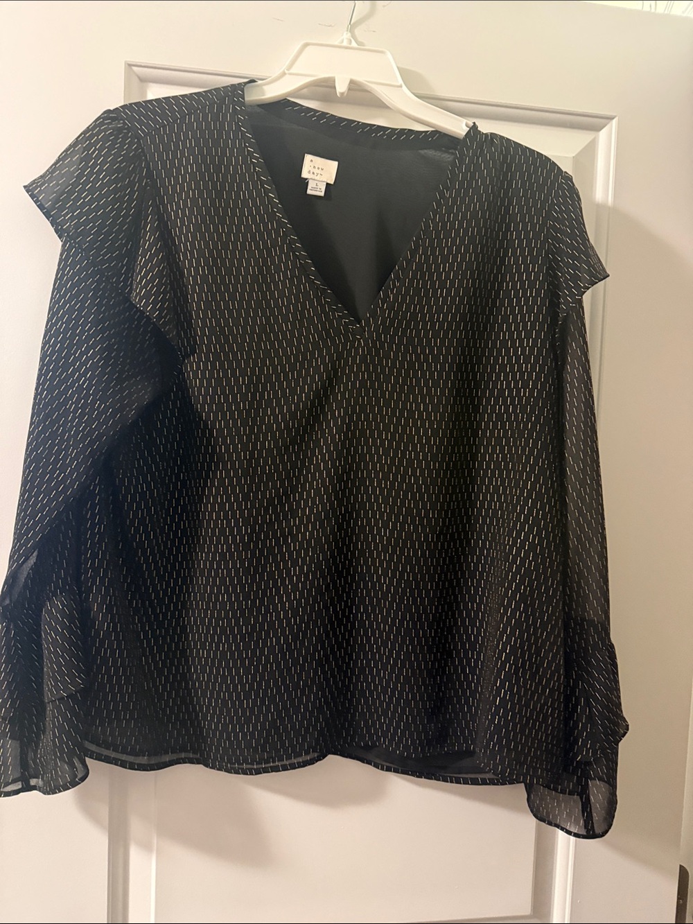Women’s Black V-Neck Ruffle Sleeve Blouse with Gold accents